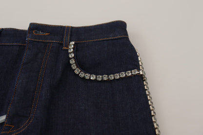 Pantaloncini corti in denim elasticizzato blu con cristalli Dolce &amp; Gabbana