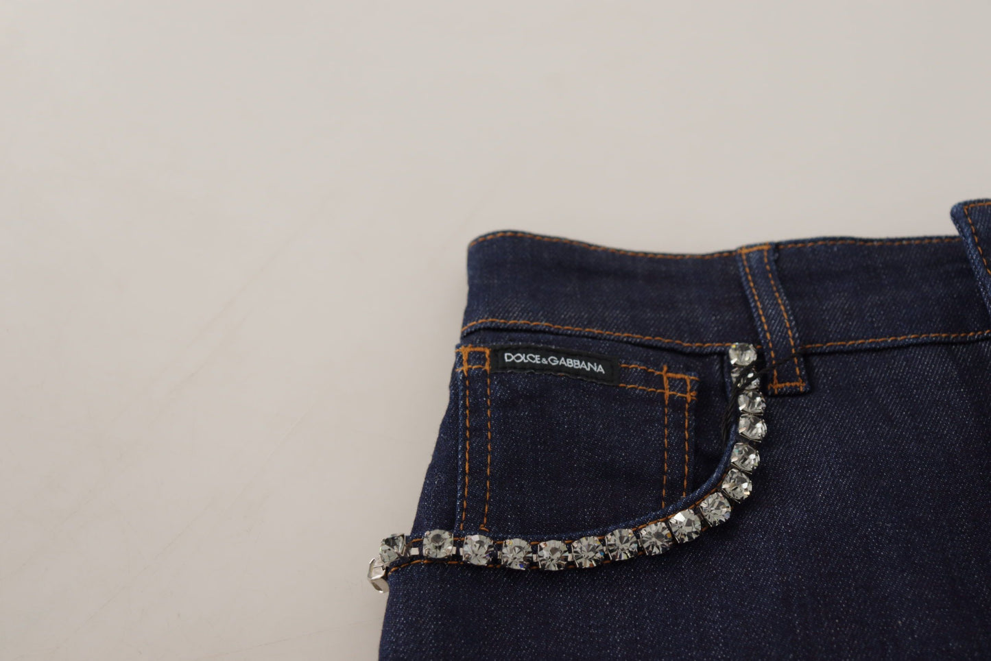 Pantaloncini corti in denim elasticizzato blu con cristalli Dolce &amp; Gabbana
