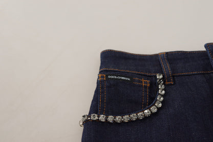 Pantaloncini corti in denim elasticizzato blu con cristalli Dolce &amp; Gabbana