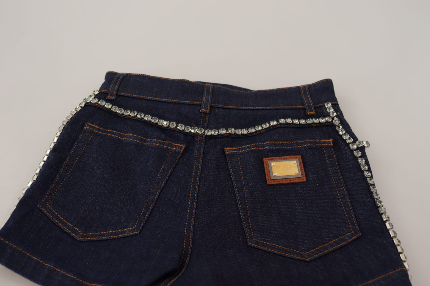 Pantaloncini corti in denim elasticizzato blu con cristalli Dolce &amp; Gabbana