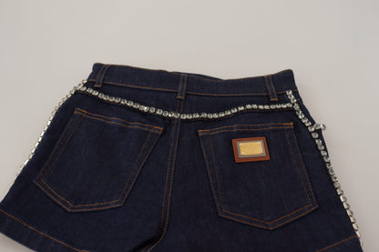 Pantaloncini corti in denim elasticizzato blu con cristalli Dolce &amp; Gabbana