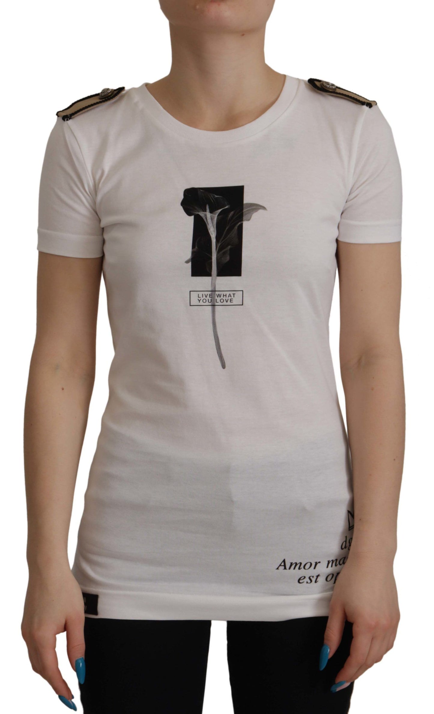 T-shirt girocollo in cotone con rose bianche e nere di Dolce &amp; Gabbana