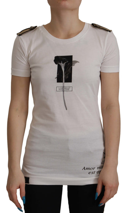 T-shirt girocollo in cotone con rose bianche e nere di Dolce &amp; Gabbana