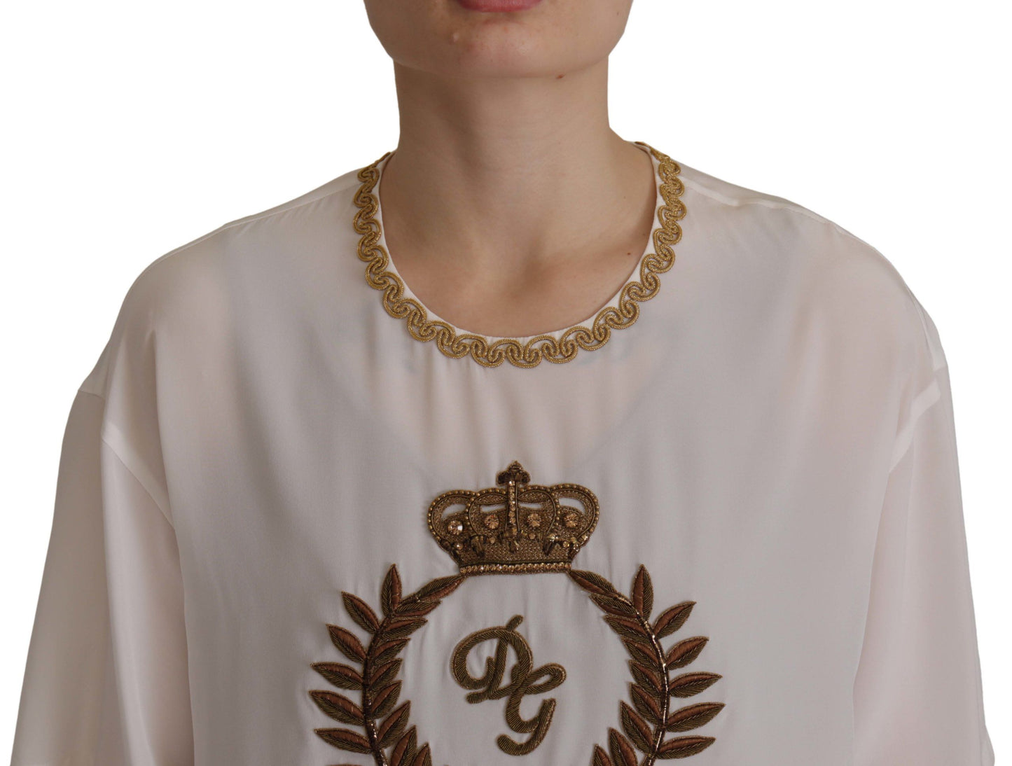 Dolce &amp; Gabbana Top in seta bianca con cristalli DG Crown dorati