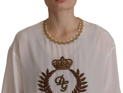 Dolce &amp; Gabbana Top in seta bianca con cristalli DG Crown dorati