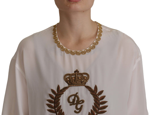 Dolce &amp; Gabbana Top in seta bianca con cristalli DG Crown dorati