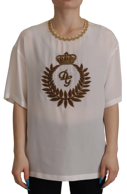 Dolce &amp; Gabbana Top in seta bianca con cristalli DG Crown dorati