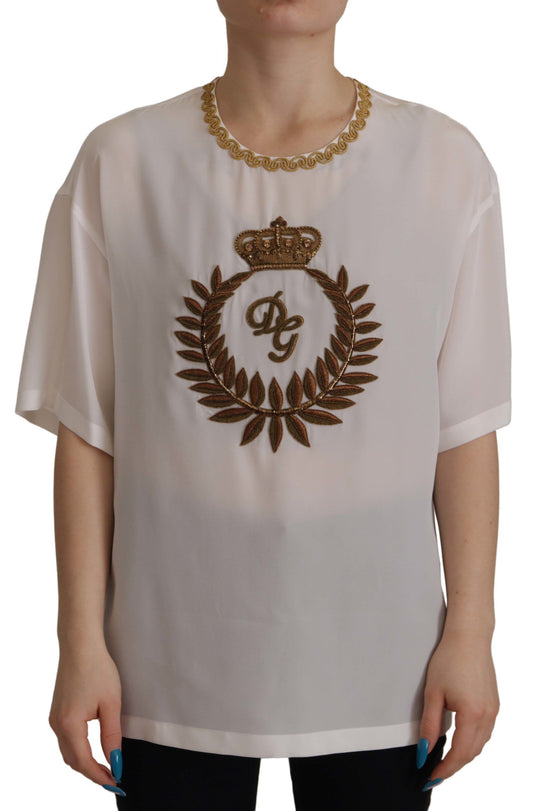 Dolce &amp; Gabbana Top in seta bianca con cristalli DG Crown dorati