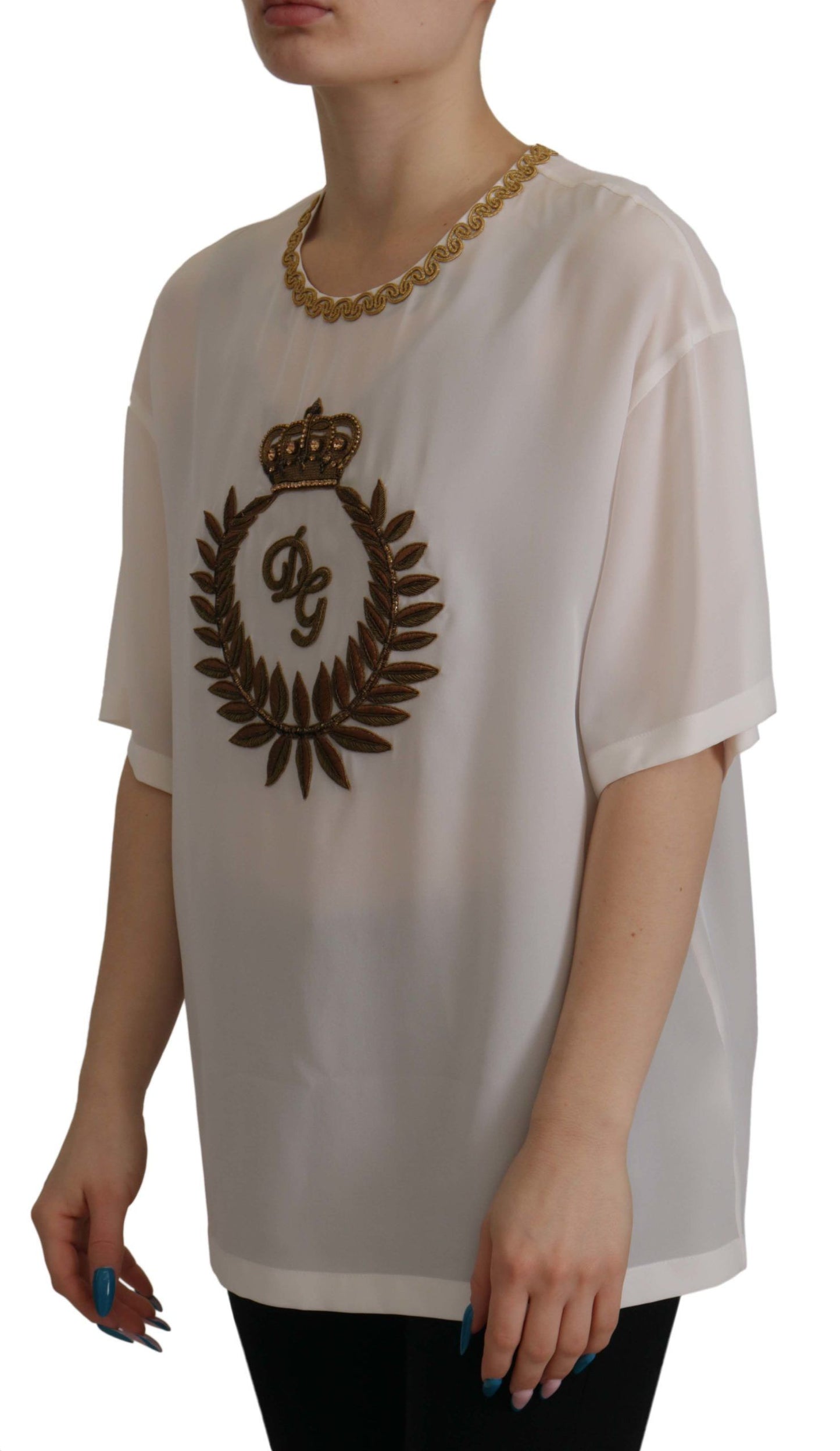 Dolce &amp; Gabbana Top in seta bianca con cristalli DG Crown dorati