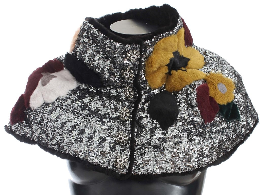 Sciarpa con spalle in pelliccia di donnola con paillettes argentate e motivo floreale Dolce &amp; Gabbana