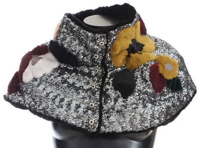Sciarpa con spalle in pelliccia di donnola con paillettes argentate e motivo floreale Dolce &amp; Gabbana