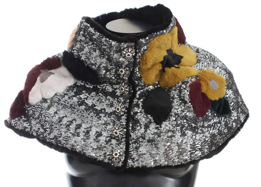 Sciarpa con spalle in pelliccia di donnola con paillettes argentate e motivo floreale Dolce &amp; Gabbana