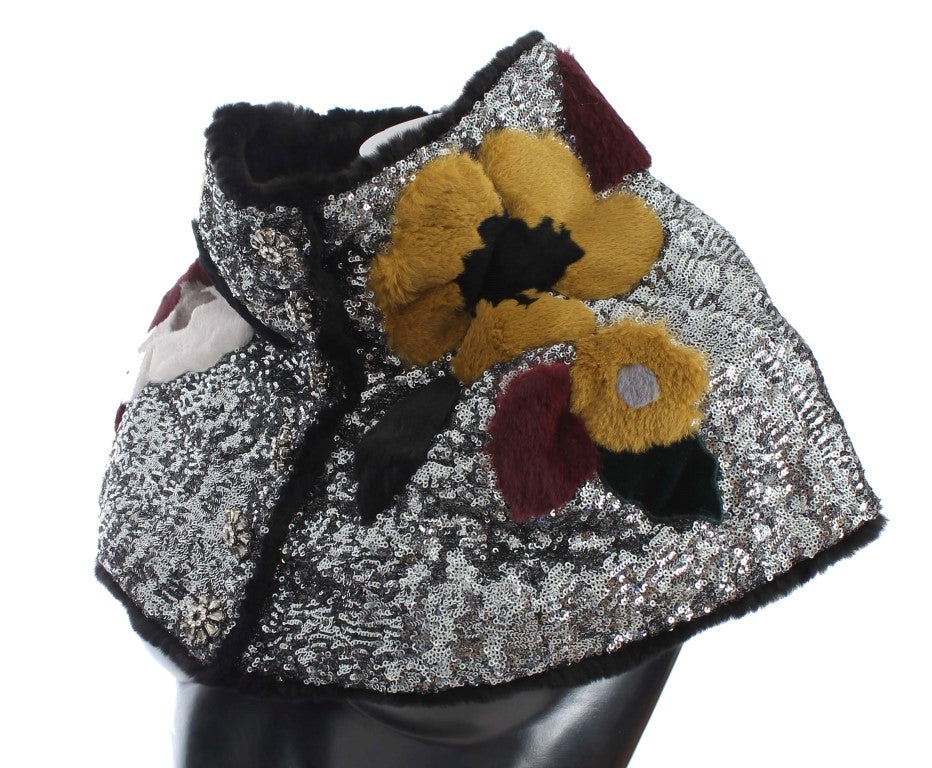 Sciarpa con spalle in pelliccia di donnola con paillettes argentate e motivo floreale Dolce &amp; Gabbana
