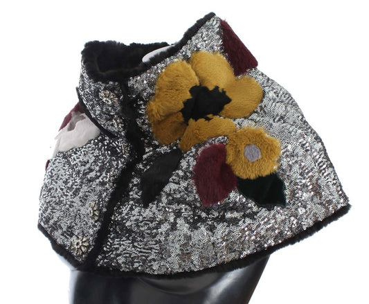 Sciarpa con spalle in pelliccia di donnola con paillettes argentate e motivo floreale Dolce &amp; Gabbana