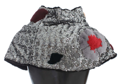 Sciarpa con spalle in pelliccia di donnola con paillettes argentate e motivo floreale Dolce &amp; Gabbana