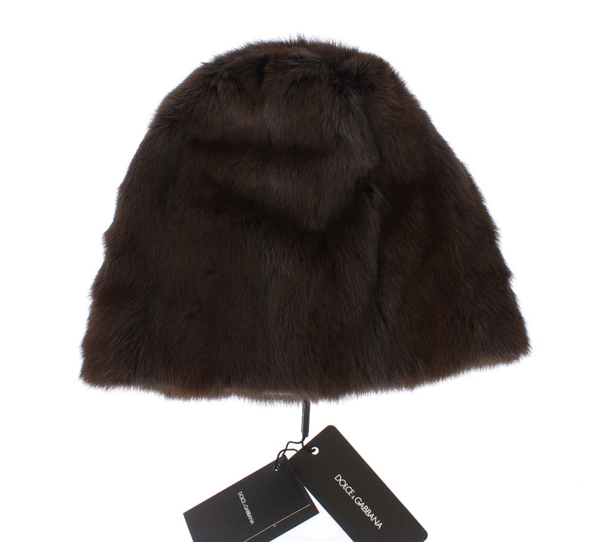 Berretto da donna in cashmere con pelliccia di donnola marrone Dolce &amp; Gabbana
