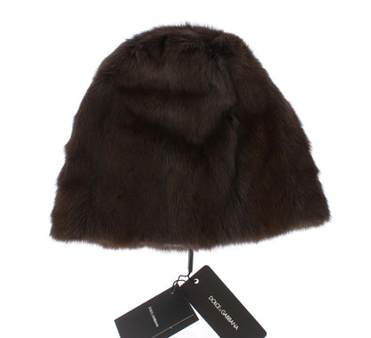 Berretto da donna in cashmere con pelliccia di donnola marrone Dolce &amp; Gabbana