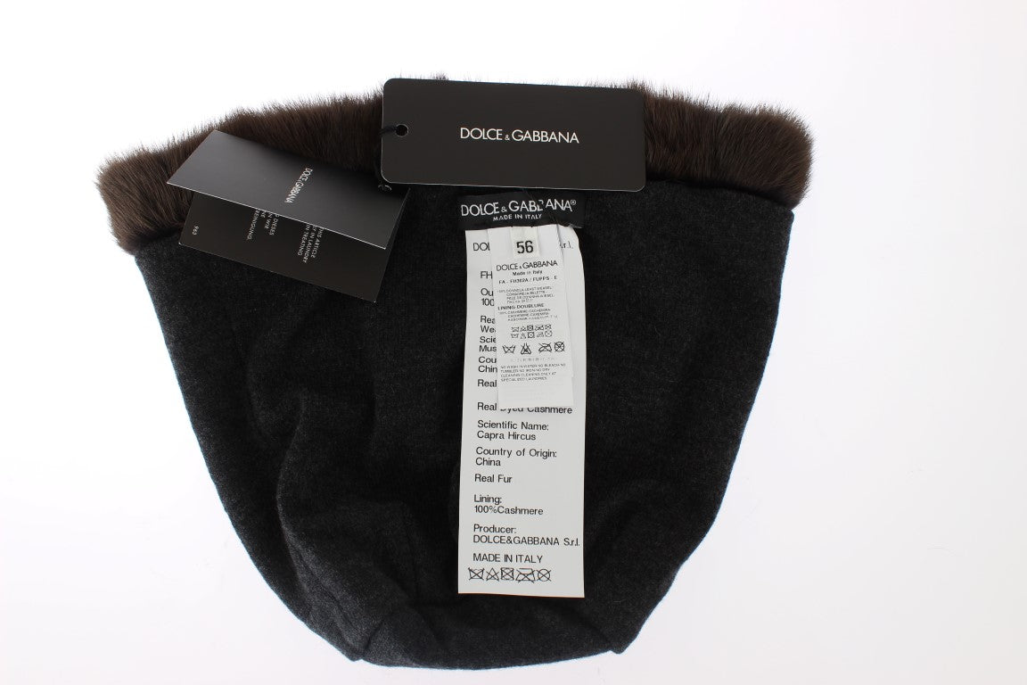 Berretto da donna in cashmere con pelliccia di donnola marrone Dolce &amp; Gabbana