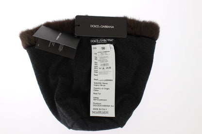 Berretto da donna in cashmere con pelliccia di donnola marrone Dolce &amp; Gabbana