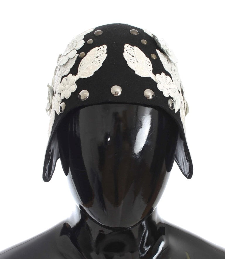 Cappello Dolce &amp; Gabbana in lana nera con motivo floreale bianco e foglia d'oro