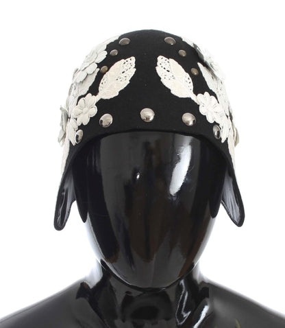 Cappello Dolce &amp; Gabbana in lana nera con motivo floreale bianco e foglia d'oro