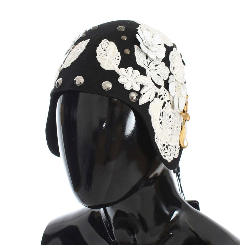 Cappello Dolce &amp; Gabbana in lana nera con motivo floreale bianco e foglia d'oro