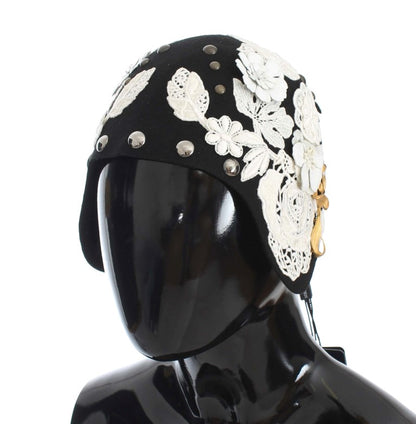 Cappello Dolce &amp; Gabbana in lana nera con motivo floreale bianco e foglia d'oro