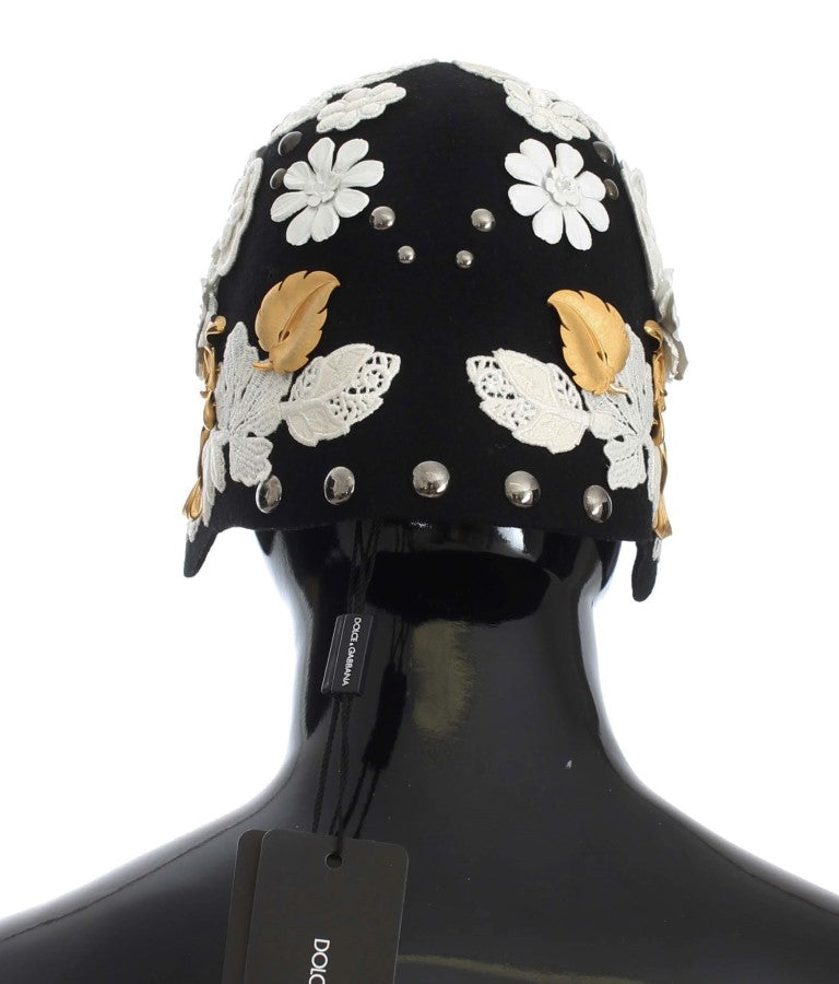 Cappello Dolce &amp; Gabbana in lana nera con motivo floreale bianco e foglia d'oro