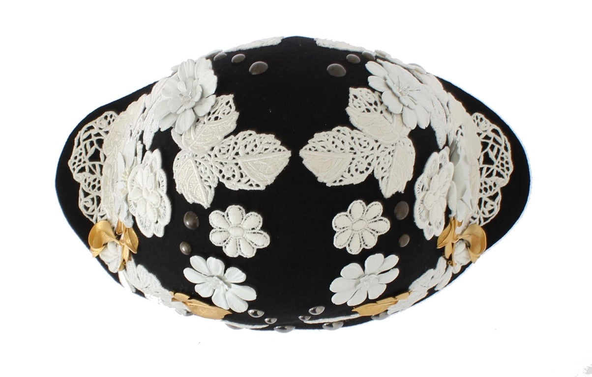Cappello Dolce &amp; Gabbana in lana nera con motivo floreale bianco e foglia d'oro