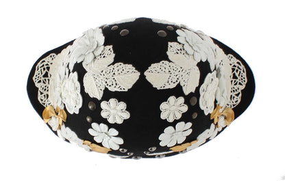 Cappello Dolce &amp; Gabbana in lana nera con motivo floreale bianco e foglia d'oro