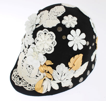 Cappello Dolce &amp; Gabbana in lana nera con motivo floreale bianco e foglia d'oro