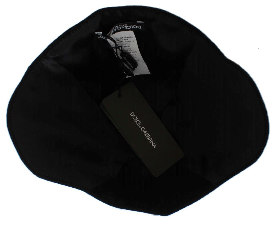 Cappello Dolce &amp; Gabbana in lana nera con motivo floreale bianco e foglia d'oro