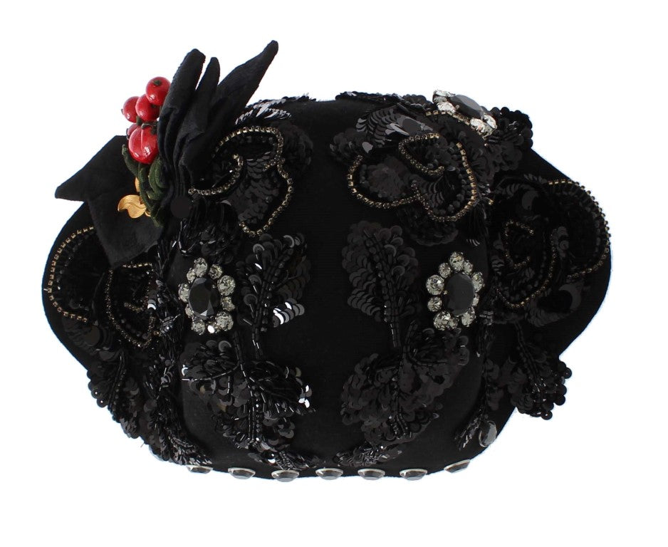 Cappello con spilla Dolce &amp; Gabbana con ciliegie dorate e cristalli neri