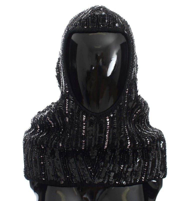 Cappello con cappuccio e sciarpa in maglia nera con paillettes Dolce &amp; Gabbana