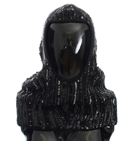 Cappello con cappuccio e sciarpa in maglia nera con paillettes Dolce &amp; Gabbana