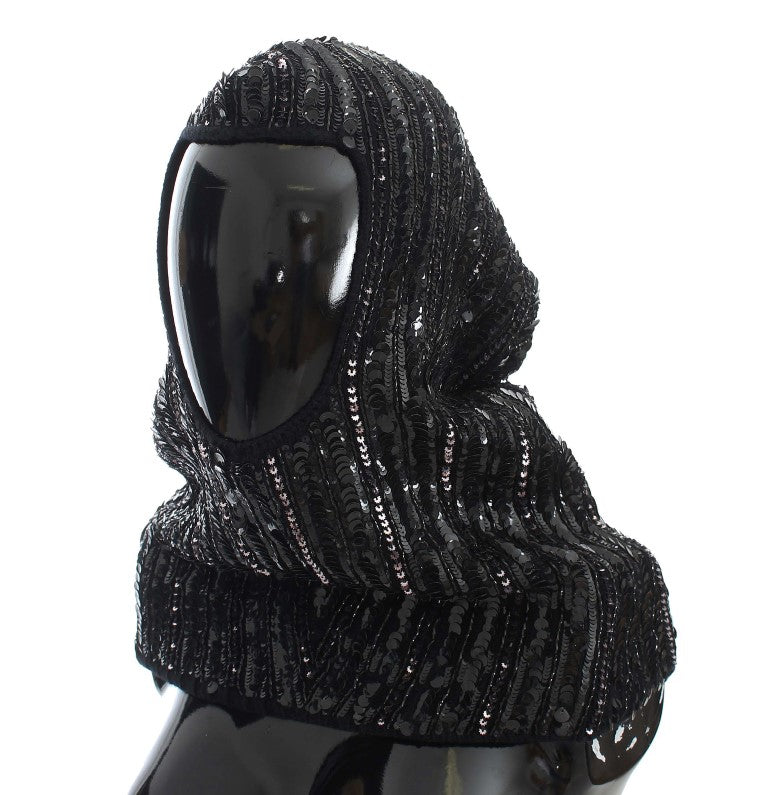 Cappello con cappuccio e sciarpa in maglia nera con paillettes Dolce &amp; Gabbana