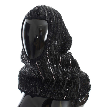 Cappello con cappuccio e sciarpa in maglia nera con paillettes Dolce &amp; Gabbana