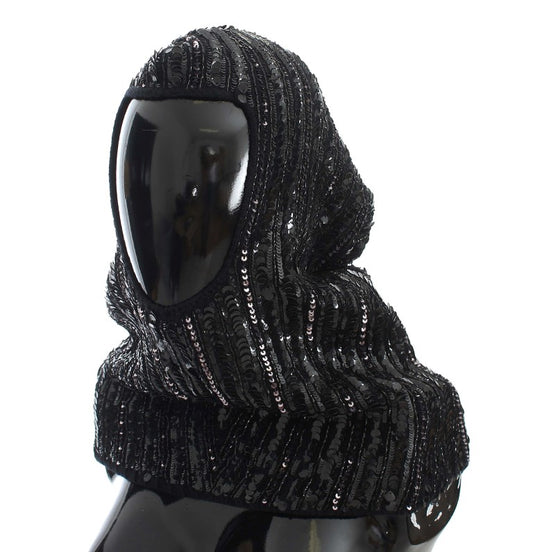 Cappello con cappuccio e sciarpa in maglia nera con paillettes Dolce &amp; Gabbana