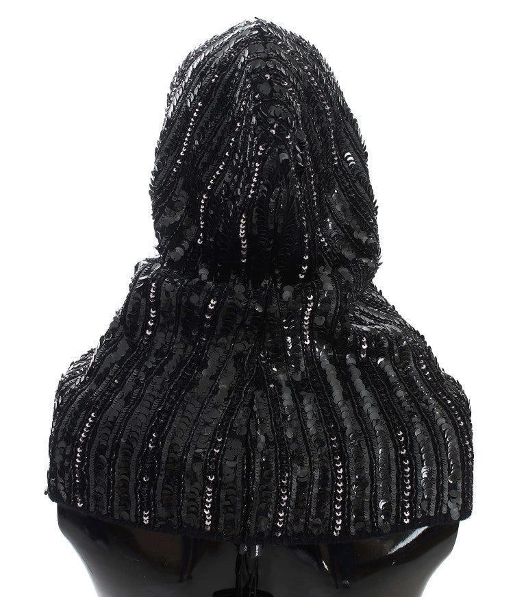 Cappello con cappuccio e sciarpa in maglia nera con paillettes Dolce &amp; Gabbana