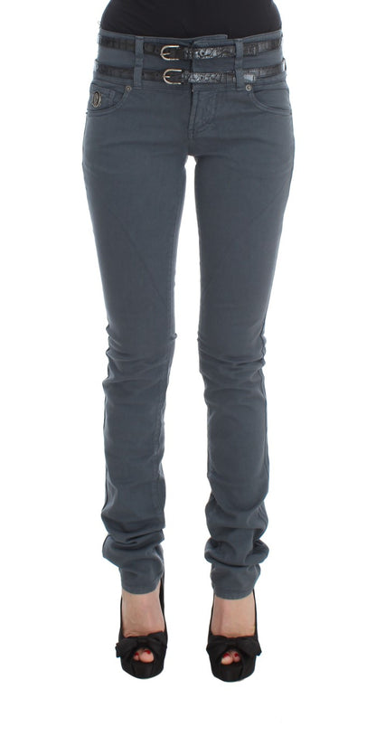 Jeans slim fit a vita alta in misto cotone blu John Galliano