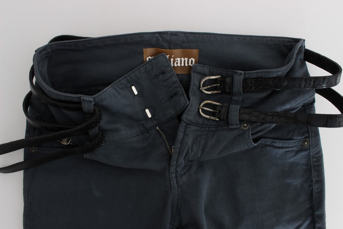 Jeans slim fit a vita alta in misto cotone blu John Galliano