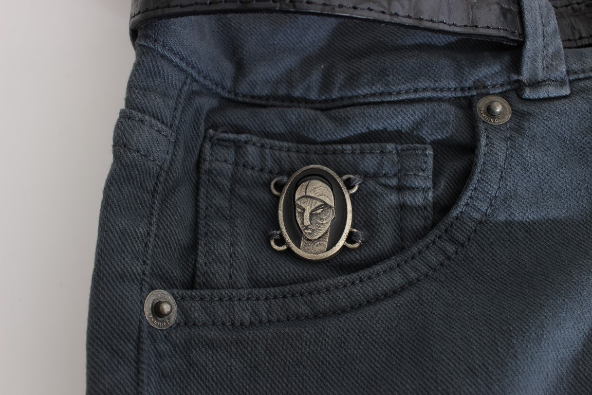 Jeans slim fit a vita alta in misto cotone blu John Galliano