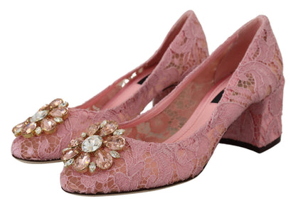 Scarpe con tacco in pizzo rosa Taormina di Dolce &amp; Gabbana e cristalli color pastello