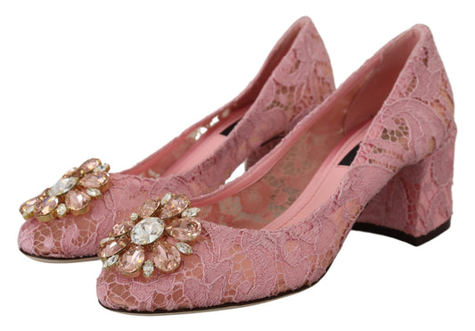 Scarpe con tacco in pizzo rosa Taormina di Dolce &amp; Gabbana e cristalli color pastello