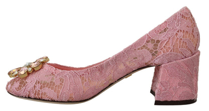 Scarpe con tacco in pizzo rosa Taormina di Dolce &amp; Gabbana e cristalli color pastello