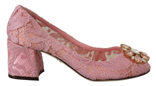 Scarpe con tacco in pizzo rosa Taormina di Dolce &amp; Gabbana e cristalli color pastello
