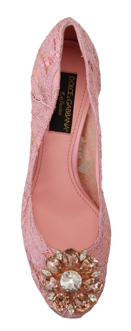 Scarpe con tacco in pizzo rosa Taormina di Dolce &amp; Gabbana e cristalli color pastello