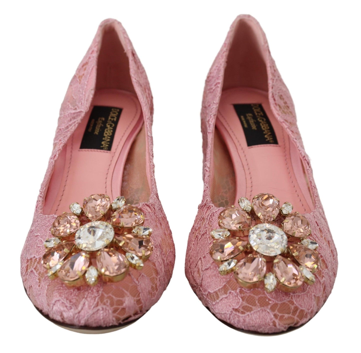 Scarpe con tacco in pizzo rosa Taormina di Dolce &amp; Gabbana e cristalli color pastello