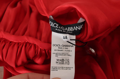 Abito midi in raso di seta con cintura e bottoni rosso Dolce &amp; Gabbana