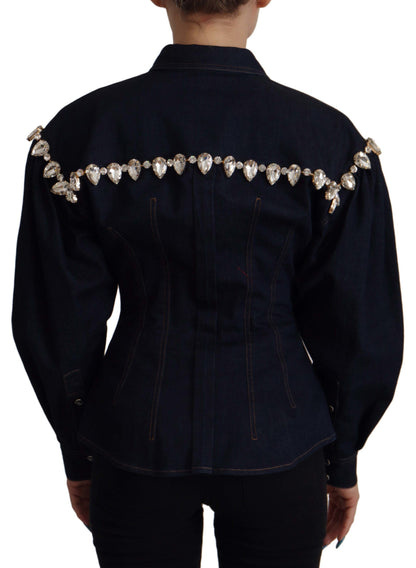 Giacca in cotone con cristalli e denim blu Dolce &amp; Gabbana